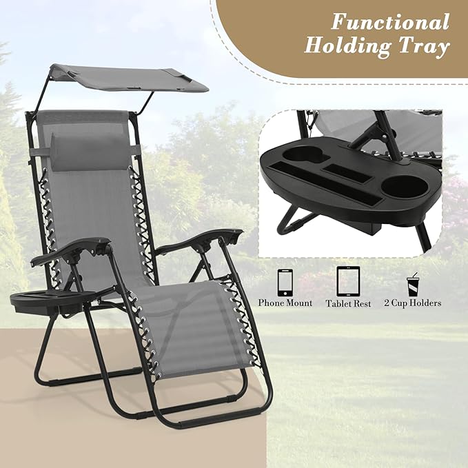 Athena Collection Zero Gravity Outdoor Lounge Chair Set of 2 with Canopy Shade, 25" Width Pool Lounge Lawn Chairs Reclining with Cup Holder, Outdoor Chaise for Beach Patio Outside, Grey
