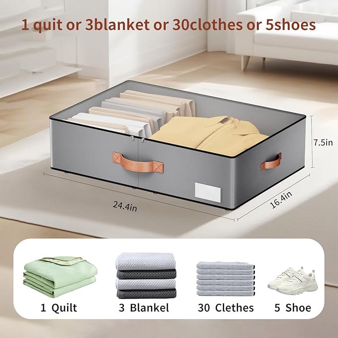 Under bed Storage With Wheels,Large Capacity 7.5 inches Height Storage Bins,Rolling Under bed Shoe Storage Containers,Under bed Storage Drawers for clothes & blankets