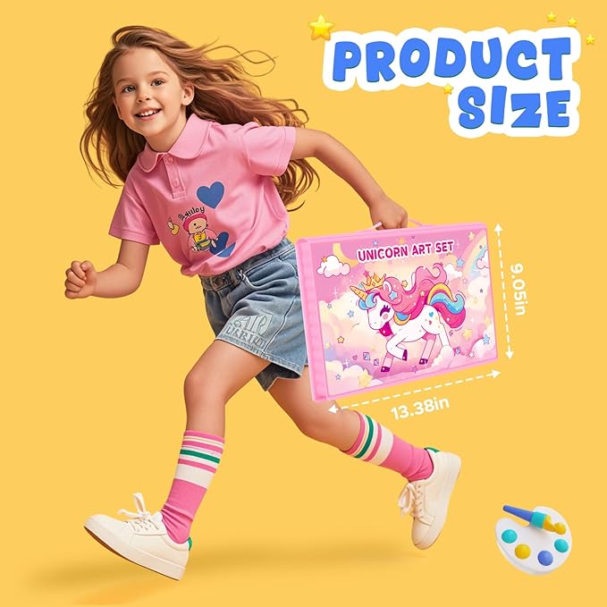 homicozy Art Supplies, Unicorn Drawing & Coloring Set with Crayons, Colored Pencils, Markers, Sketchbook, Watercolor Cakes, Stencils, Arts and Crafts Painting Kit for Kids Ages 4-10, Girls Boys Gift