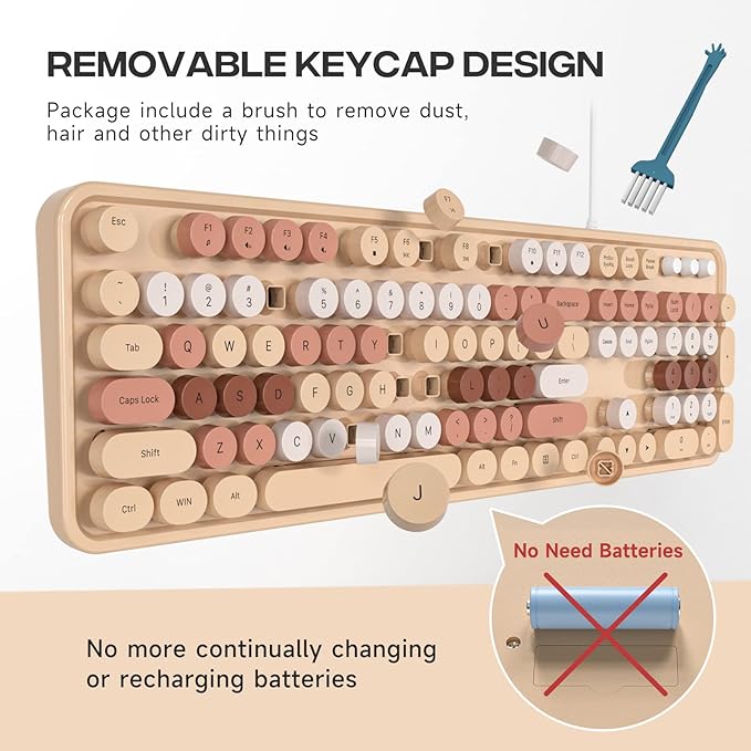 Wired Keyboard, 104 Keys Full-Sized Typewriter Keyboards, USB Plug and Play Office Keyboard with Number Pad, Caps Indicators, Foldable Stands for Windows, PC, Laptop, Desktop (Milk-Tea)