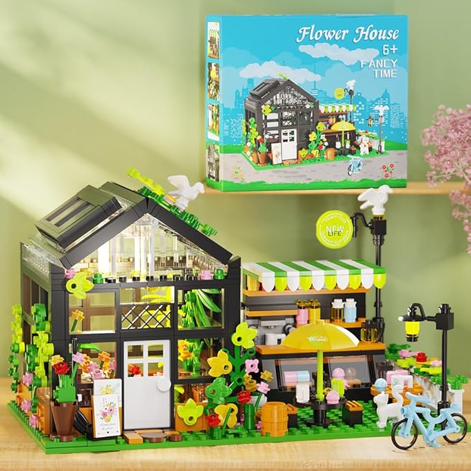 Flower House Building Set with LED, City Street House Flower Shop Building Blocks Toy, Valentine Gift for Girls 8-12 Year, Mini Brick 680pcs