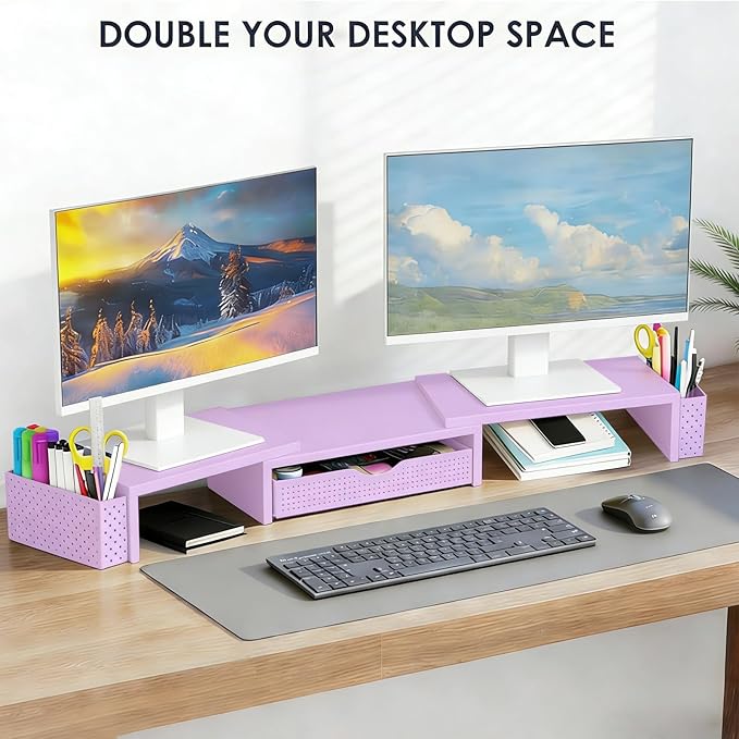 Spacrea Metal Desk Organizers and Accessories, Dual Monitor Stand Riser with Drawer and 2 Pen Holders, Desk Accessories & Workspace Desktop Organizers for Office Supplies (Purple)
