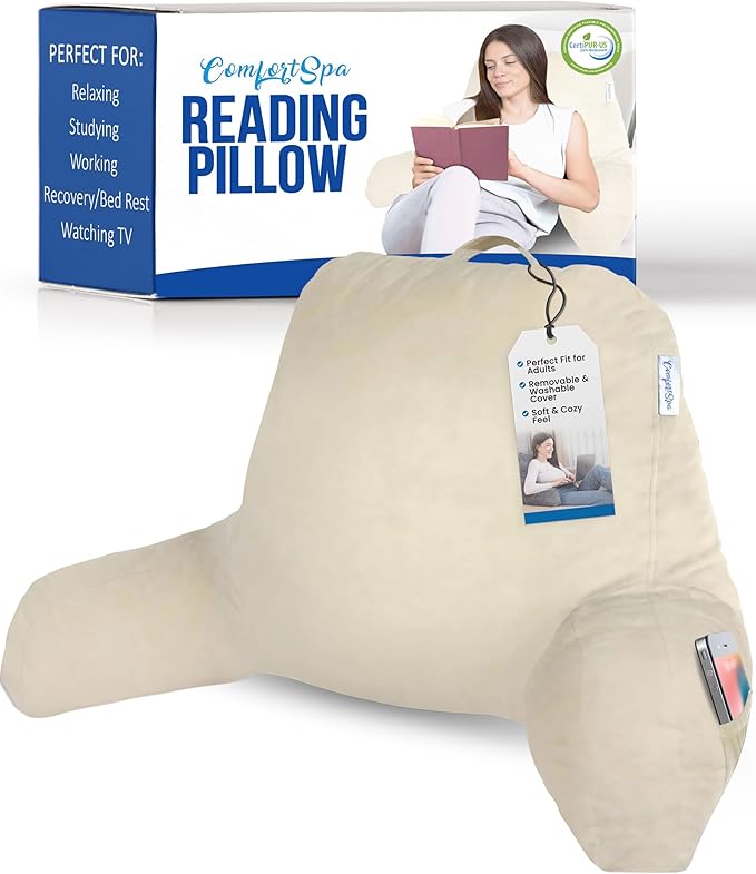 ComfortSpa Reading Pillow for Bed Adult Size, Back Rest Pillow with Arms, Pockets and Washable Cover; Use as a Back Pillow for Sitting in Bed for Bedrest or Relief from GERD Heartburn (Large Cream)