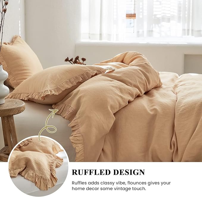 Simple&Opulence 100% Linen Duvet Cover Set, 3 PCS Natural French Flax Sand Ruffle Duvet Cover Queen Size, Breathable Comfy Linen Bedding Comforter Cover with 2 Pillowcases (Sand, 88" X 92")