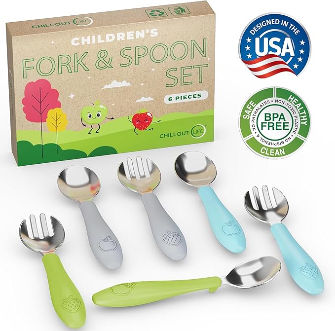 CHILLOUT LIFE Toddler Utensils, Kids Silverware with Silicone Handle, Stainless Steel Metal Toddler Forks and Spoons Safe Baby Cutlery Set for Self Feeding BPA Free Dishwasher Safe