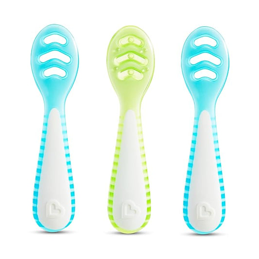 Munchkin® Gentle Dip™ Baby Spoons for Self Feeding and Baby Led Weaning, 3 Pack, Blue/Green