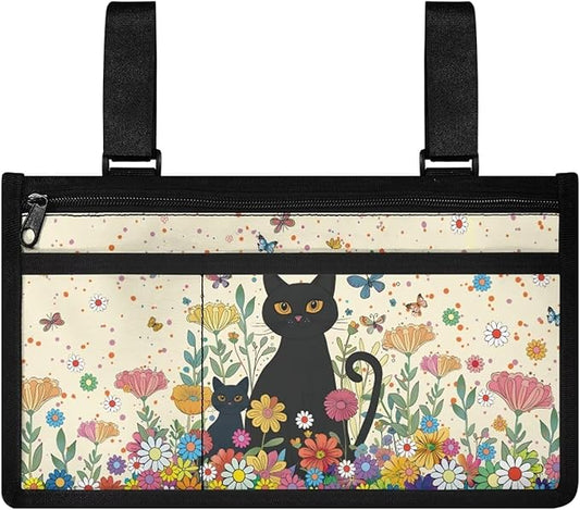 ZOUTAIRONG Wheelchair Bag wiht Cup Holder for Adults Walker Bags and Pouches Wheelchair Bags to Hang on Side Power, Black Cats Flowers