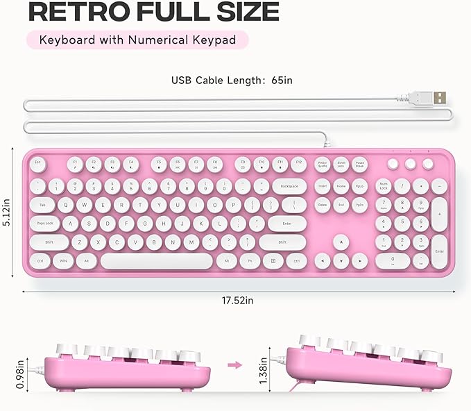 Computer Keyboard Wired, Plug and Play USB Retro Round Typewriter Keyboard, Full Size Wired Keyboard with Foldable Stands for Laptop and Office PC- Pink&White Colorful