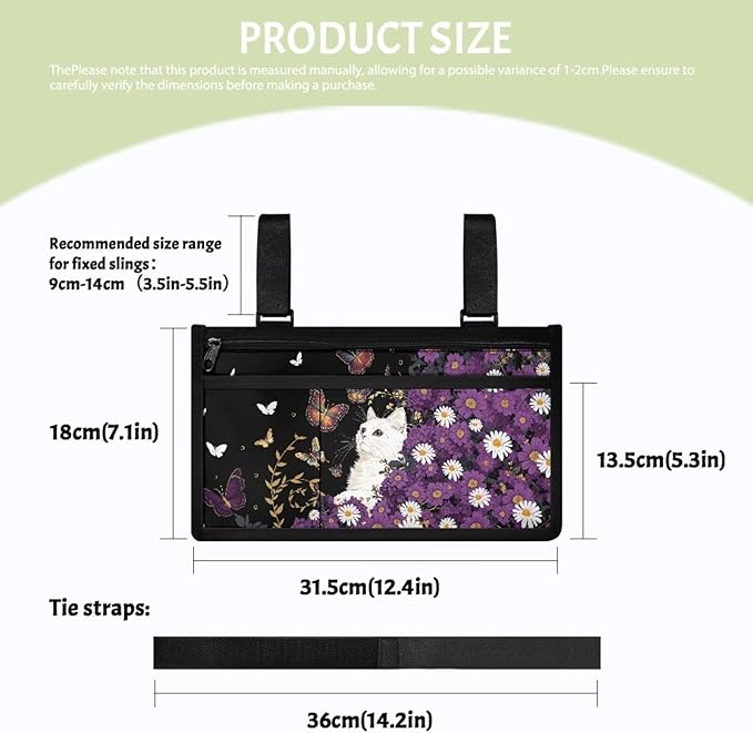 ZOUTAIRONG Purple Daisy Cat Butterfly Wheelchair Side Bag Walker Bag Wheelchair Accessories for Adults Waterproof Armrest Organizer Storage Pouches