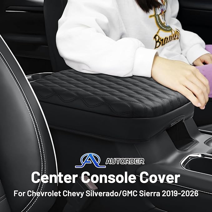 Autorder Center Console Cover for GMC Sierra/Chevy Silverado 2019-2025 2026 Accessories Armrest Cushion Cover Nappa Leather Middle Console Covers Console Cushion Pad Anti-Scratch(Bucket Seat Only)
