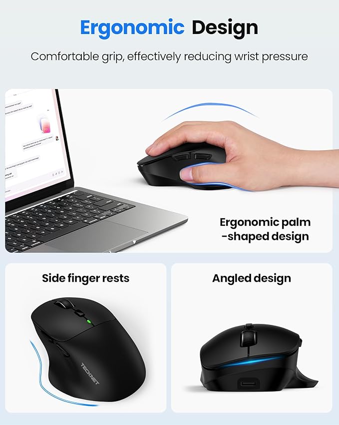 TECKNET Wireless Mouse Bluetooth 5.0/3.0 & 2.4G Rechargeable, Silent Clicks, Adjustable 4800 DPI, 6 Buttons, Ergonomic Design, Bluetooth Mouse for Laptop, Computer, ipad
