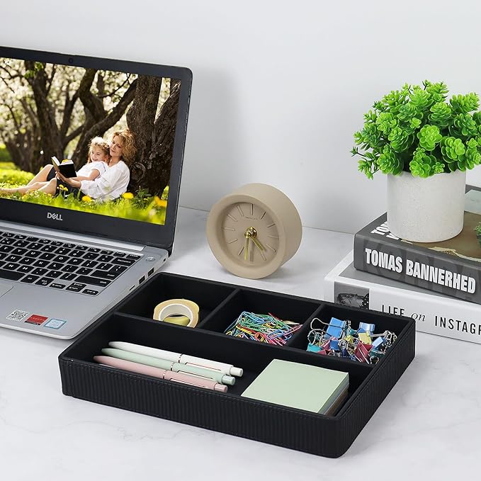 Buqoo PU Leather Valet Tray, Office Supplies Organizer, Stackable Desktop Organizer and Accessories Drawer Organizer for Storing Office Supplies, Jewelry, Cosmetics, Black