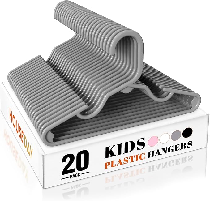 HOUSE DAY Premium Baby Hangers 20 Pack, 11 Inch Kids Plastic Hangers Grey, Slim Childrens Hangers for Infant, Toddler, and Child Clothes, Durable Baby Clothes Hangers for Closet