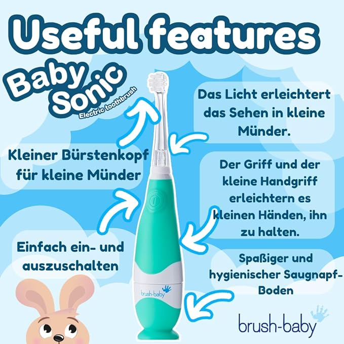 brush-baby BabySonic Infant and Toddler Electric Toothbrush for Ages 0-3 Years - Smart LED Timer and Gentle Vibration Provide a Fun Brushing Experience - Includes 2 Sensitive Brush Heads (Teal)