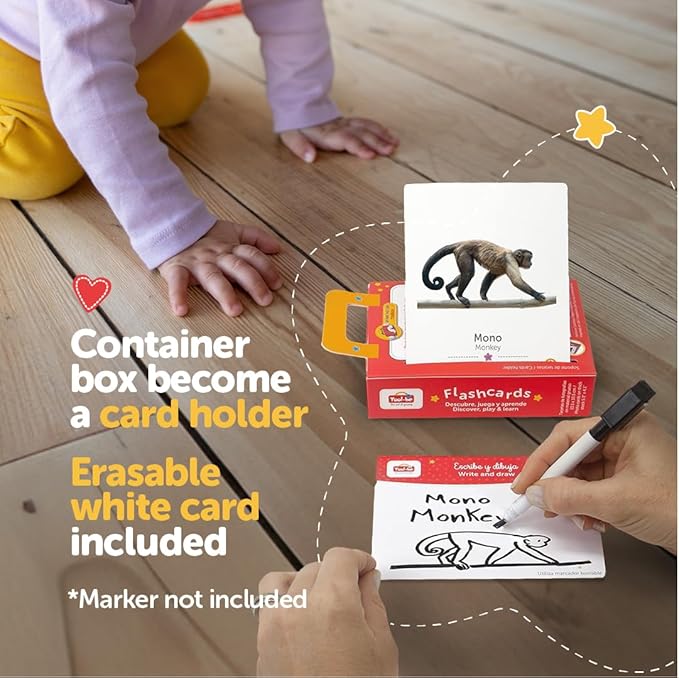 Tool-be Animal Cards. 18 Real Photos of Wild Animals. Spanish-English Flash Cards for Babies 6-12 Months, Montessori Toys for 1+ Year Old, Baby Flash Cards 12 to 18 Months, up to 6Y