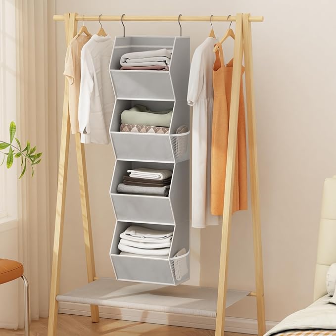 Hanging Closet Organizer 4 Shelf Collapsible Bedroom Closet Organizers and Storage Hanging with Mesh Pockets for Clothes, Fabric Hanging Storage Bins for Wardrobe Closet Organization and Storage, Grey