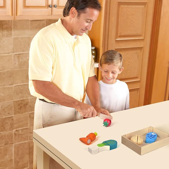 FUN LITTLE TOYS 12 Pcs Wooden Pretend Cutting Play Food Set for Kids Aged 3+, Early Education Toy for Toddlers, Veggie Slicers Playset, Toys Food and Vegetables with Storage Case