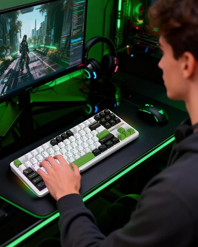 Aula F87 Pro Gaming Keyboard, Tri-Mode BT5.0/2.4GHz/USB-C Hot-Swappable RGB Wireless Mechanical Keyboard, Gasket Mount, 4000mAh, for Windows/Mac Gamer & Typists（LEOBOG Gray Wood Switch V4）