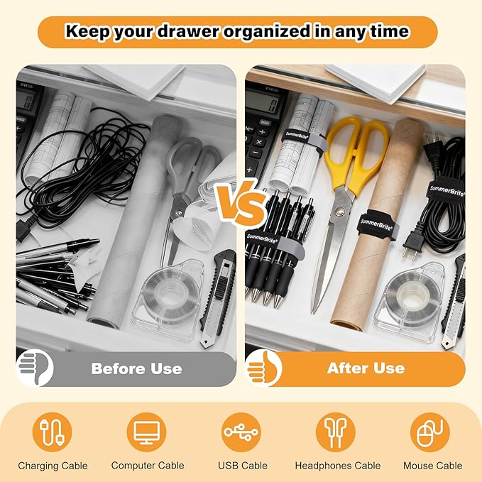 SummerBrite 70 Pack Black Cable Ties 8 Inch with Writable Labels, Reusable Cord Organizer Straps, Hook & Loop Wire Management for Extension Cords, Garage Tools, Power Strips & Heavy Duty