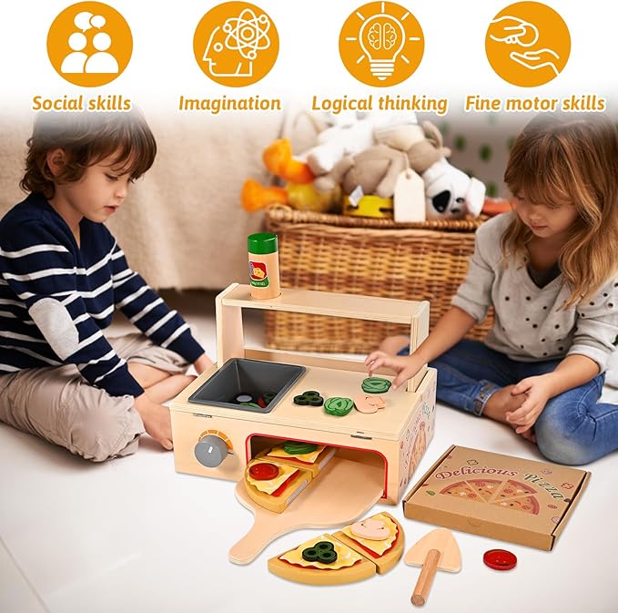 50 Pcs Wooden Pizza Toy, Montessori Pretend Play Toys, Wooden Pizza Counter Playset with Bake Oven, Play Food and Accessories, Cooking Pretend Play Toys for Boys Girls Age 3+