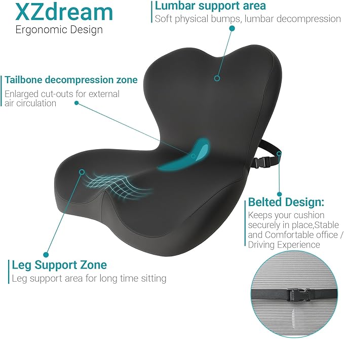 Memory Foam Seat Cushion,Office Chair Cushion with Lumbar Support for Back Pressure Relief,Sciatica,Car Seat Cushion with Adjustable Strap,Hip Pad Cushions for Car,Truck,Desk (D-Black)