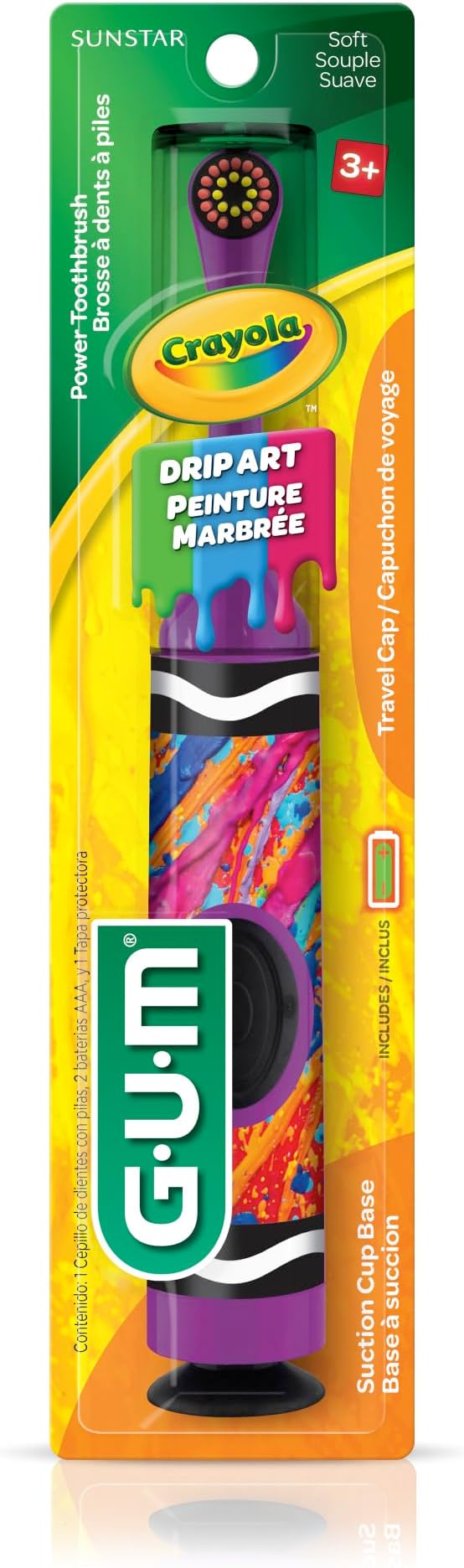 GUM Crayola Power Toothbrush for Kids, Extra Soft Bristled Toddler Toothbrushes, Travel Cap + Suction Cup Base, Batteries Included, 1ct
