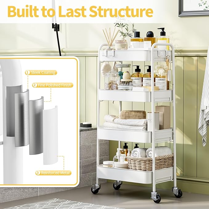 TOOLF 4-Tier Metal Rolling Cart with Wheels, Storage Utility Organizer Cart for Kitchen, Bathroom, Office, Baby Essentials & Makeup - Lockable Casters, Easy Assembly, Large Capacity, White