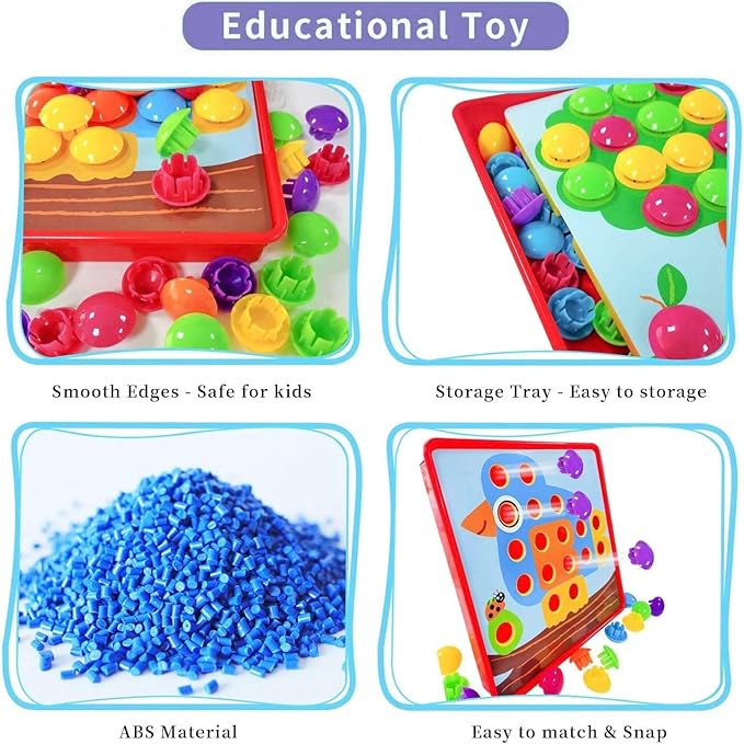 58 Pcs Button Art Toys for Toddlers,Color Matching Mosaic Pegboard for Toddlers,Early Learning Educational Toys Toddler Activities,Include 12 Pictures and 46 Buttons with Box