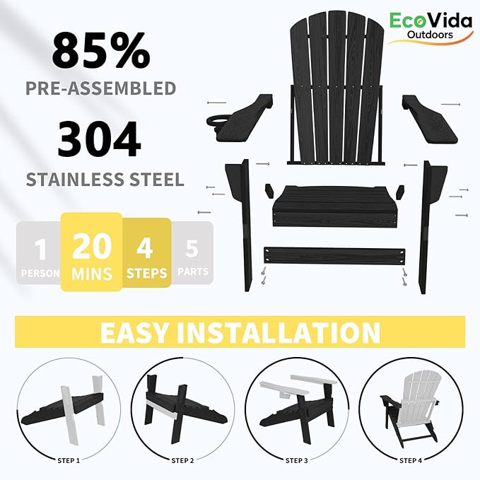 Upgraded Folding Adirondack Chair with All-Weather Cup Holder-EcoVida, Premium Wood Grain Texture, HDPE Waterproof, Suitable for Fire Pit, Patio, Porch, Black