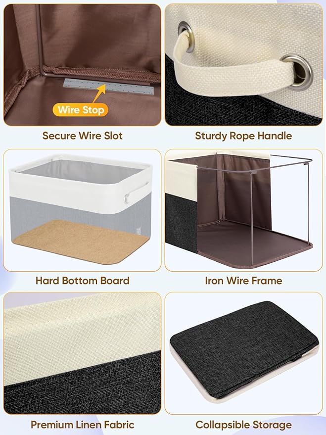 BALEINE 3 Pack Fabric Storage Bins for Shelves, Linen Storage Baskets for Organizing, Decorative Closet Bins for Clothes, Home (Black, 14''x10''x8.5'')