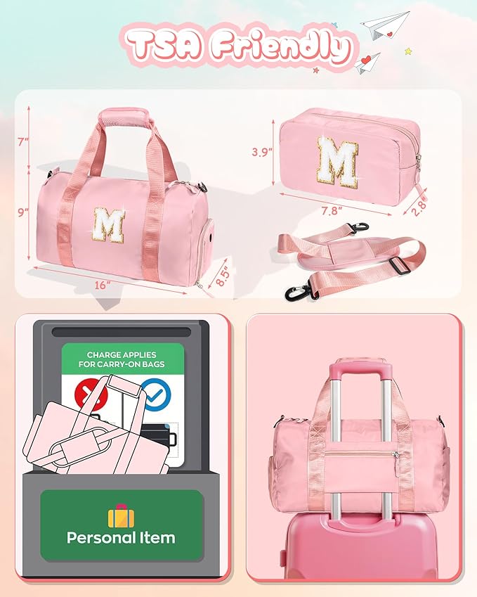 Gift Ideas for Kids Girls-Girl Gym Bag with Shoe Compartment, Kid Personalized Weekender Overnight Bags, Initial Travel Tote with Makeup Pouch, Graduation Gifts Granddaughter (Letter N)