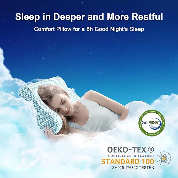 Anvo Memory Foam Pillow, Neck Contour Cervical Orthopedic Bed Pillow for Sleeping Side Back Stomach Sleeper, Ergonomic Design for Neck and Shoulder Pain Relief, Blue White, Soft