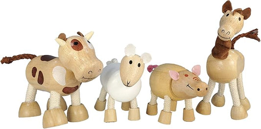 TEKOR Wooden Bendable Farm Animal Toys (Set of 4) | Ages 3 & Up | Early Education Toy Animals for Kids | Fun Montessori Toys | Smooth Natural Wood | Endless Play for Girls & Boys | Non-Toxic Paint |