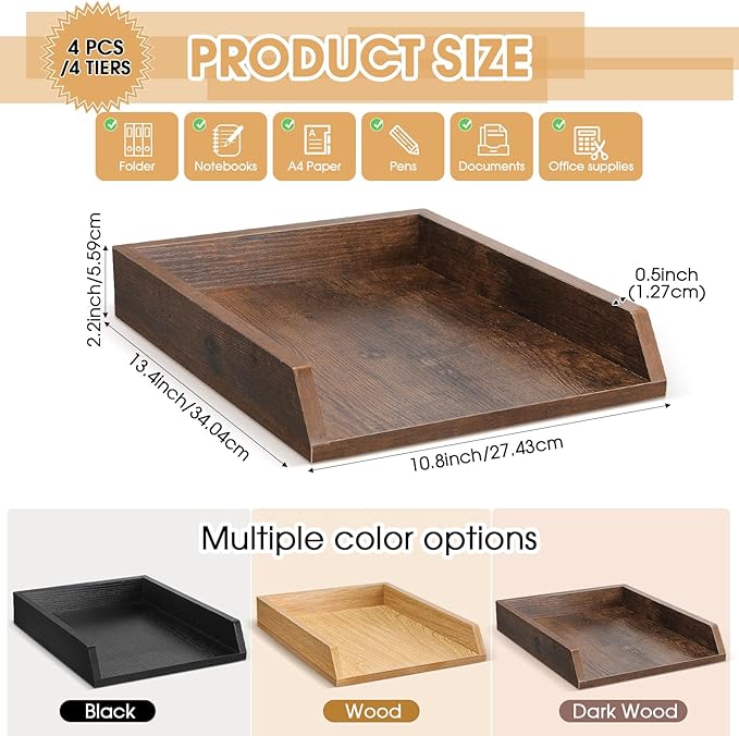 DoubleFill 4 Pcs Wooden Letter Trays Wood Letter-Size Desk Organizer Heavy Duty 2 Tier Stackable Supports Paper Tray Desktop Drawer Organizer File Folder Magazine Office Accessories (Dark Wood)
