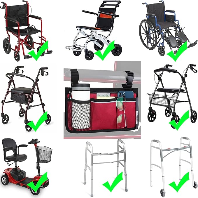 Wheelchair Side Bag, Wheelchair Armrest Storage Pouch with Cup Holder Use of Waterproof Fabric, for Most Wheelchairs, Walkers or Rollators (Red)