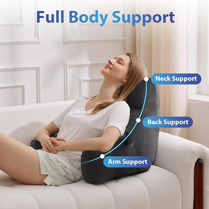 Back Pillow for Bed Sitting up, Reading Pillow for Sitting in Bed Adult, Back Support Pillow, Memory Foam Sit up Lounge Backrest Pillow with Arms for TV, Couch, Chair, Dorm, 18 Inch, Grey