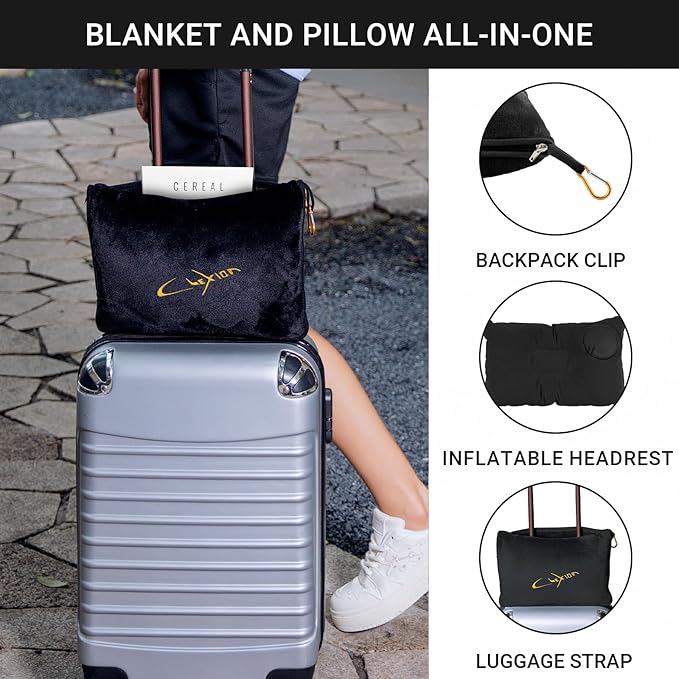 CLEXION Travel Blanket & Pillow Set, 300 GSM Soft Fleece, 60x43 Inches, 3-in-1 Airplane Blanket, Travel Pillow and Blanket Set, Travel Blanket Airplane Compact with Bag, Travel Essentials, Black