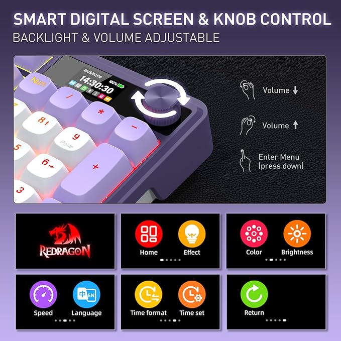 Redragon K762 Wireless Gasket Gaming Keyboard w/Hype Screen & Knob, 104 Keys Mechanical Keyboard, Easy-Control 1.14’’ TFT Info Display, 5-Layer Noise Dampening, Round PBT Keycaps, Mint Mambo Switch