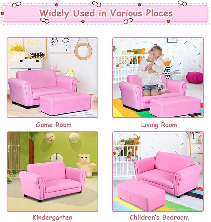 Costzon Kids Couch with Footstool, 2 in 1 Double Seat Children's Sofa w/PU Leather Surface, Armrest Chair Lounge, Soft Kids Sofa for Preschool Bedroom Kids Room Toddlers Boys Girls Birthday (Pink)