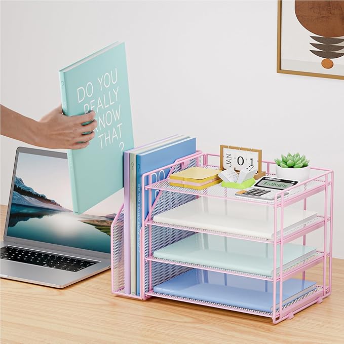 Marbrasse Desk Organizer and Accessories，4-Tier Paper Letter Tray Organizer with File Holder，Desk Accessories & Workspace Desktop Organizers for School Home Office Supplies (Pink)