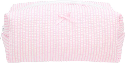 Cozy Makeup Bag Travel Cosmetic Bag for Women Soft Toiletry Bag Aesthetic Makeup Organizer Portable Large Zipper Pouch for Skincare Beauty Accessories Brushes Stripe Pink