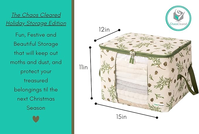 Canvas Storage Bags Designer Organizer 2 Pack – Seasonal Storage for Sweaters, Blankets, Linens & Garments – Foldable Design with Zip & Window, Moth-Proof Space Saver, Mistletoe Print