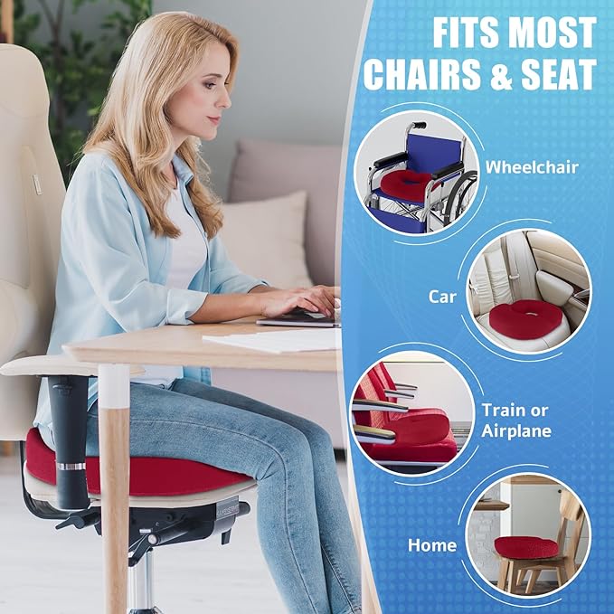 BlissTrends Donut Pillow Seat Cushion, Donut Chair Cushions for Postpartum Pregnancy & Hemorrhoids, Tailbone Pain Relief Cushion, Memory Foam Lifting Cushions for Office & Home Chairs (Red, X-Large)