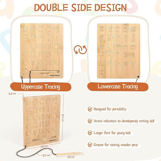 Asweets Montessori Wooden Alphabet Tracing Board, Wood Letter Practicing Board,Double-Sided Boards for Toddlers and Preschool Gifts for Kids(2 Piece)