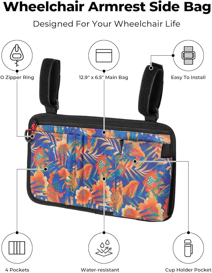 JOYTUTUS Walker Side Bag, Wheelchair Armrest Storage Pouch with Cup Holder, Wheelchair Accessories for Seniors, Walker Bag Cup Holder for Walker, Rollator, Electric Scooter or Wheelchair Orange