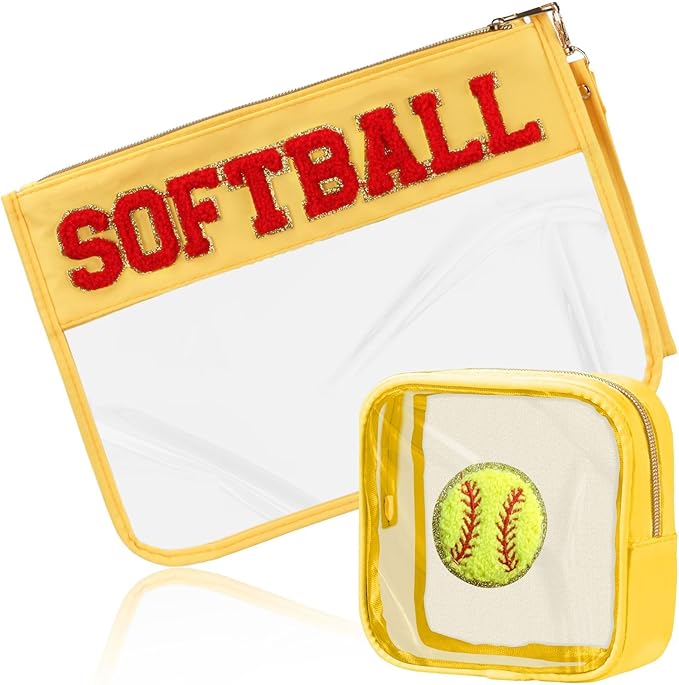 BuyCard 2 Pcs Softball Gifts Makeup Bag with Chenille Letter Patch, Clear Cosmetic Pouch PVC Organizer Purse, Waterproof Travel Bag, Portable Toiletry Storage Bag for Her Girls Friends Women