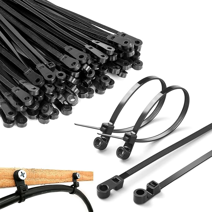 12 inch Black Zip Ties With Screw Hole,Heavy Duty Cable Ties for Cords 75 lbs Mountable head Zip Tie Screw Mount,Zip Wall Wire Ties for Indoor and Outdoor Use (100, 12 IN)