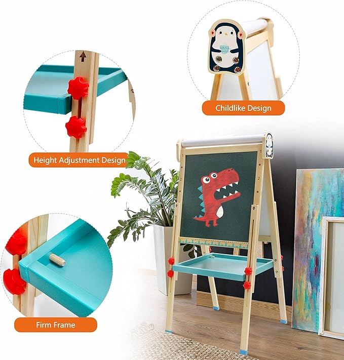 Children's Art Easel with Paper Roll,Double-Sided Whiteboard&Chalkboard,Adjustable Magnetic Standing Easel with Numbers and Other Accessories,Painting Easel for Girls Boys