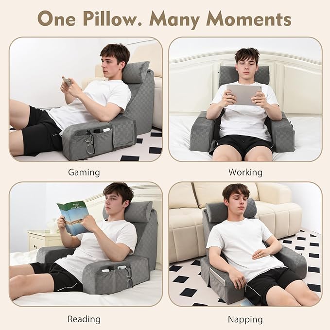 Vekkia 21" Reading Pillow with Arms and Headrest – Tall Back Support Cushion for Adults, Multi-Density Foam, Removable Cover & XL Side Pockets – for Reading, TV & Gaming in Bed & Floor 21"(Grey)
