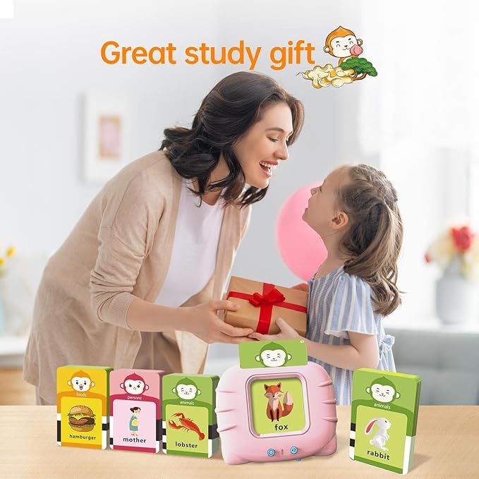 Toddlers Talking Flash Cards with American Accent & 256 Sight Words, Pocket Speech for 4 5 Years Old, Montessori Sensory Kit, Speech Therapy Toys, Kids Birthday Gift（256 Words Pink